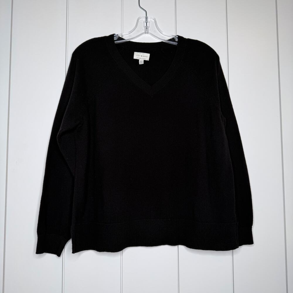 Lucky Brand Black V-Neck Sweater Women M Cotton Blend Casual Boho Side Slits